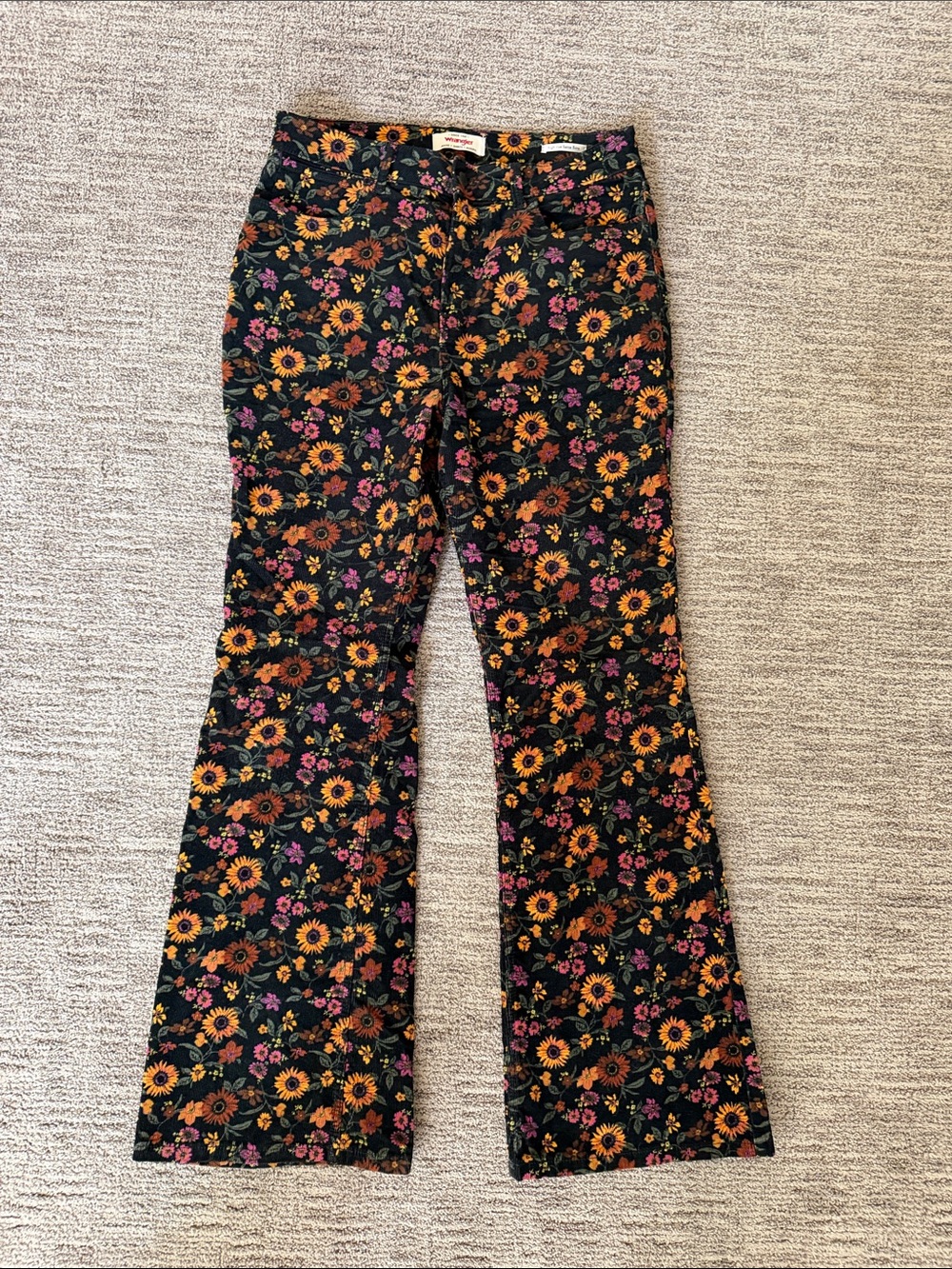 Wrangler Black Floral Flare Jeans with Mustard & Pink Blooms